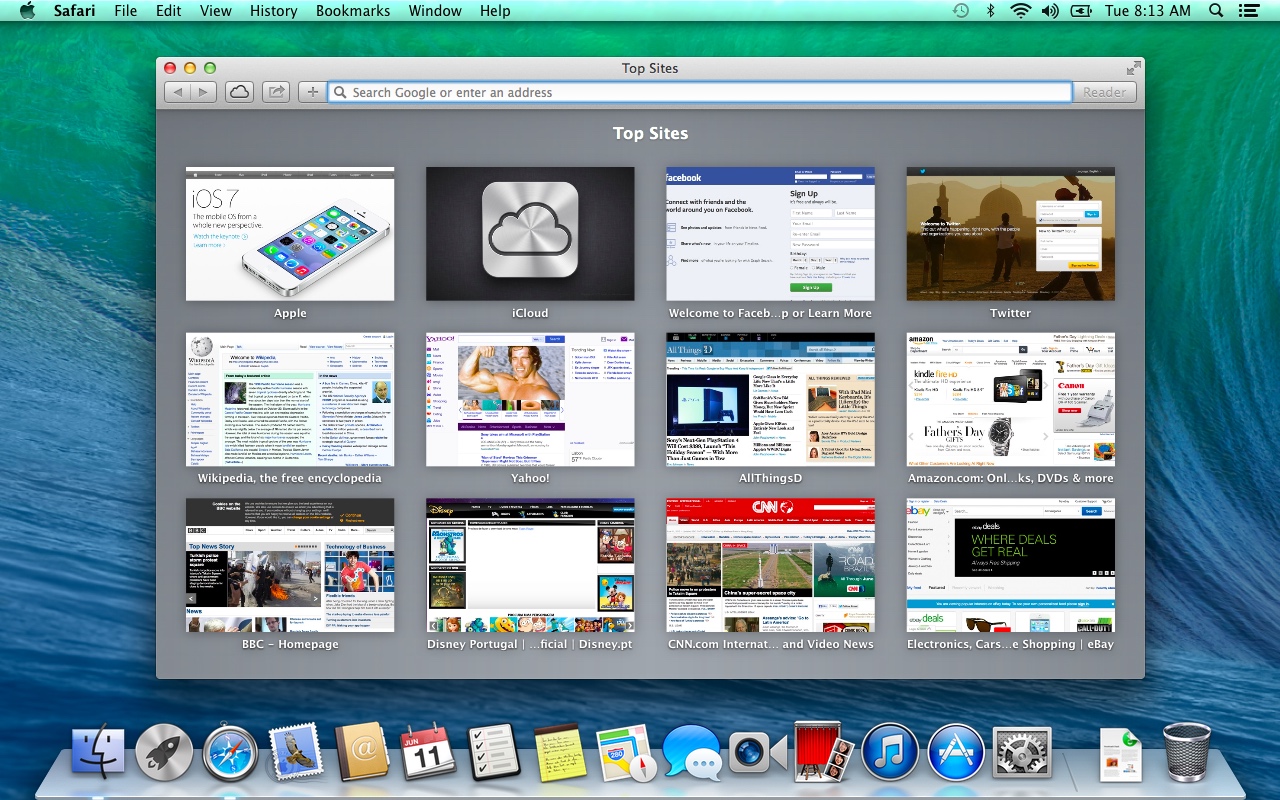 Mac OS X 10.9 Mavericks Safari Browser Top Sites (2013)